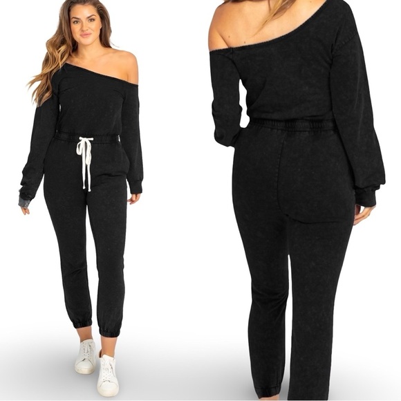 Le Lis Pants - Le Lis Off-the-Shoulder Sweatshirt Jumpsuit Romper | Luxe Cotton Blend | M